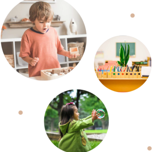 Three circular images: a boy playing indoors with a sensory bin, a desk with art supplies and a plant, and a girl playing with a bubble outdoors.